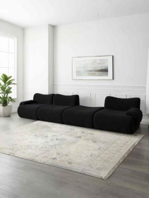 Buy Amazing 3 Seater + Ottoman Compressed Sectional Sofa with Velvet Fabric – Black Color